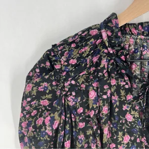Free People Meant To Be Black Floral Print Full Mutton‎ Sleeve Peasant Blouse M thumbnail 3