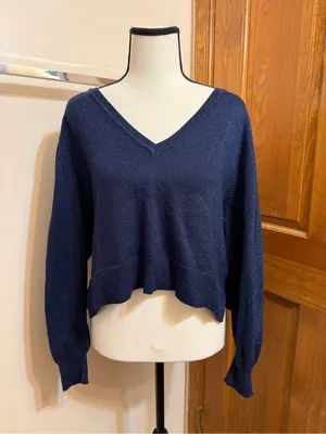Sam Edelman | Navy Sparkle V-Neck Crop Sweater thumbnail 6
