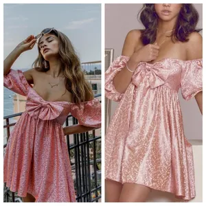 SAU LEE Arabella Mini Dress in Candy Pink Jacquard Floral Bow Puff Sleeve US 8 thumbnail 2