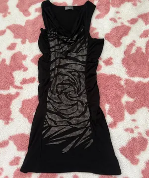 Y2K Inspired Black Ruched Bodycon Mini Dress – Sheer Mesh Metallic Rose Detail (Size S) thumbnail 1