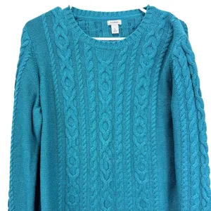 LL Bean Teal Double L Mixed Cable Cotton Crew Neck Pullover Sweater Size LARGE thumbnail 4