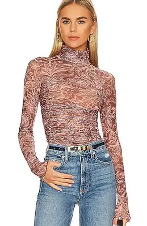 Free People Under It All Sheer Long Sleeve Mock neck Ruched Printed Bodysuit thumbnail 1