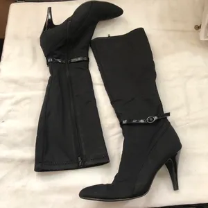 Nine West Black fitted knee-high boots buckle 3” heel gothic streetwear Whimsygoth-Size 8M Preloved condition with minor wear Measurement in pics thumbnail 4