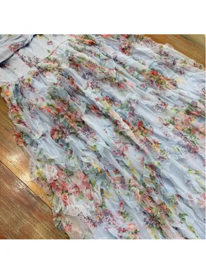 DressAlisa Light Blue Floral Mesh Tiered Ruffle Maxi Dress Strapless NWOT Large thumbnail 4