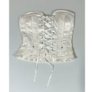 White Satin Silk Embroidered Floral Tie-Up Bridal Corset Top Bustier Lingerie Size S/M 🤍 thumbnail 4
