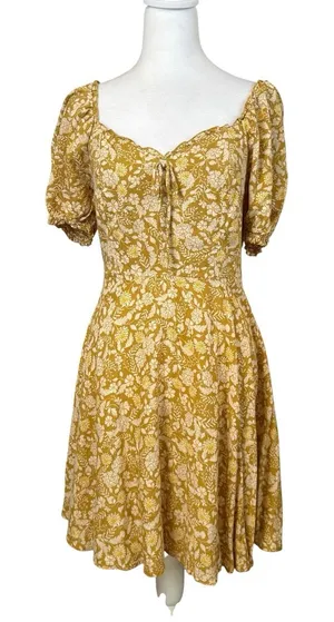 Old Navy Fit and Flare Puff-Sleeve Yellow Floral-Print Mini Dress XS Cottagecore thumbnail 1