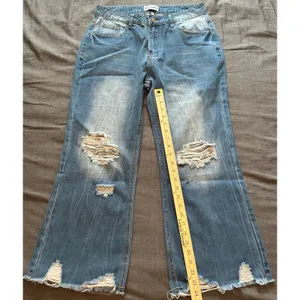 Melarey Blue Distressed Wide Leg Jeans Light Wash Frayed Hem Size L thumbnail 11