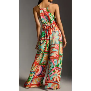 Farm Rio Anthropologie Cutout Halter Jumpsuit Med Brazilian Tropical Bold Print thumbnail 2