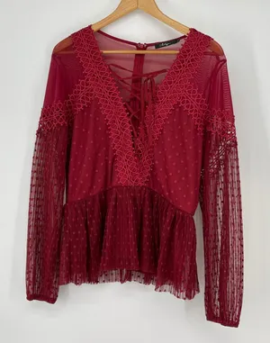 BKE Boutique Burgundy‎ Lace Up Long Sleeve Polka Dot Sheer Top Size L Coquette thumbnail 1