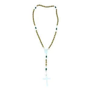 Unisex Catholic Rosary Necklace Gold Green White Plastic Beads Crucifix Pendant thumbnail 4
