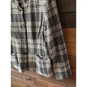 Vintage 90s Plaid Wool Blend Jacket Gray Black Cream Minimalist Coat thumbnail 4