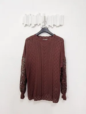 Miss Sparkling Brown Crochet Lace Open Knit Long Sleeve Boho Sweater Top XL thumbnail 2