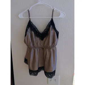 Satin Lace Trim Pajama Set Champagne Taupe Cami and Shorts 2 Piece Sleepwear 1XL thumbnail 2
