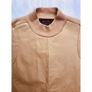 Terry Lewis Sweater Womens Medium Tan Leather Trim Ramie‎ Cotton Mock Neck thumbnail 4