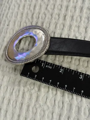 Chico's Black Leather Belt with Silver Hammered Oval Toggle Buckle Size S/M thumbnail 5