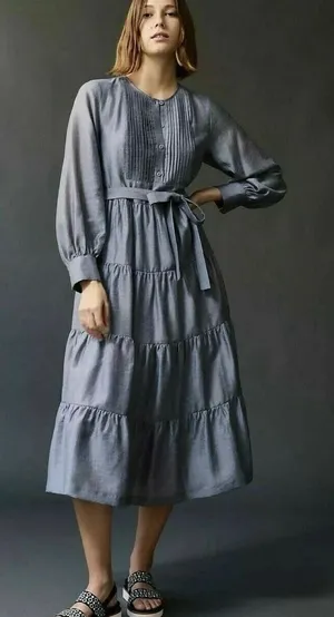 Mare Mare x Anthropologie Size L Agosta Tiered Maxi Dress Slate Gray Blue thumbnail 1
