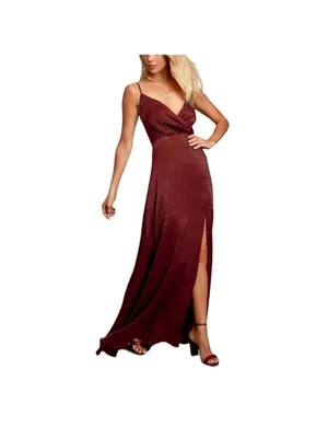 Lulus Burgundy Satin Maxi Dress Size XS NWT Wedding Pom Concert Party Pom thumbnail 3