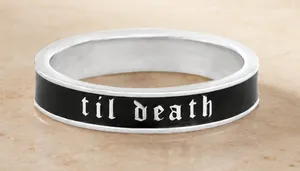 TIL DEATH Silver Black Band Ring Size 7 Stackable Promise Wedding Ring NWT thumbnail 1