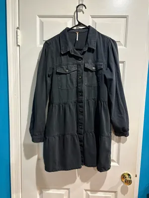 Free People Nicole denim shirt dress mini tired black sz M thumbnail 2