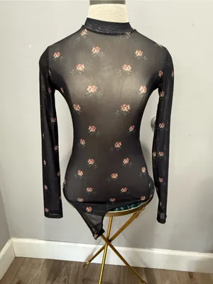 Bershka Black Long-Sleeve Floral Mesh Bodysuit thumbnail 4