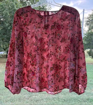 LOFT Pink Floral Sheer Long-Sleeve Blouse with Elastic Cuffs thumbnail 1