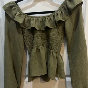 Altar’d State Olive Green Peplum Ruffled Blouse thumbnail 3
