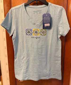 Life Is Good Light Blue V-Neck Tee with Daisy Squares thumbnail 1