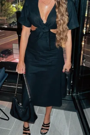 O.P.T Brand - Elegant Black Midi Dress Tie Up & Backless thumbnail 1