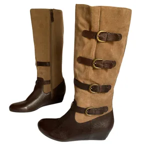 Vintage Buckle Knee High Boots Women's Leather Riding Boho Festival Sz 8 Retro thumbnail 1