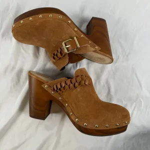 Vince Camuto Crashell Tan Suede Platform Clogs Braided Buckle Mules Studded 9.5 thumbnail 9