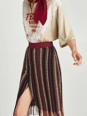 Zara Burgundy Waist Striped Fringe Midi Skirt thumbnail 1
