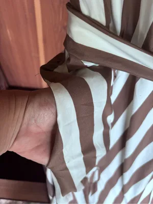 Striped Short-Sleeve A-Line Dress in Brown and White thumbnail 3