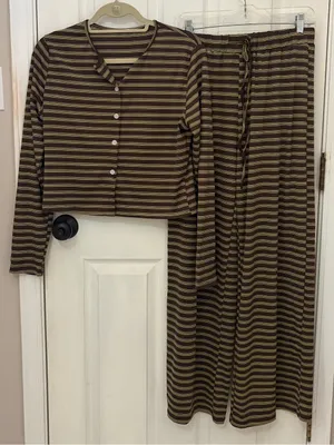 NWOT DolceAmara Striped Wide Leg Pant and Cardigan Set in Brown thumbnail 4