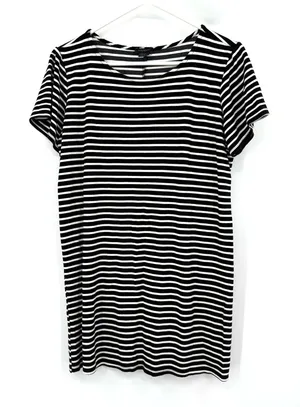 Ann Taylor Size Medium Short‎ Sleeve Top Shirt Blouse Black White Striped Tunic thumbnail 1