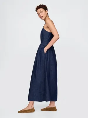NEW GAP Navy Blue Fit & Flare Denim Drop-Waist Maxi Dress Size L thumbnail 2