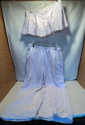 2 PCS Outfit ~off Shoulder Top & Pants Striped thumbnail 1