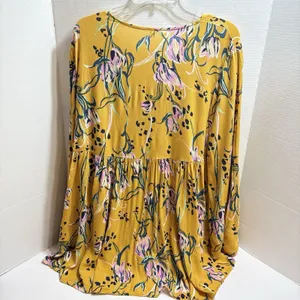 Free People Bella Floral Babydoll Blouse Large Yellow Boho Bell Sleeve Festival thumbnail 4