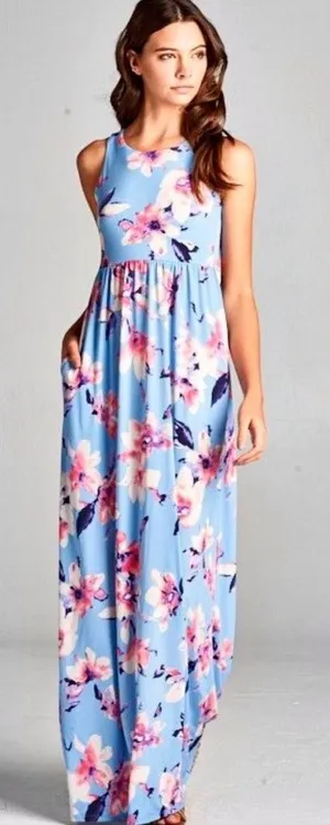 Boutique light blue floral garden party maxi dress with pockets size medium thumbnail 1