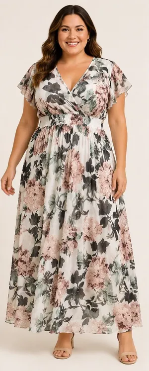 Alexa B Nites Floral Chiffon Maxi Dress Size 14W Wrap V Neck Flutter Sleeve thumbnail 1