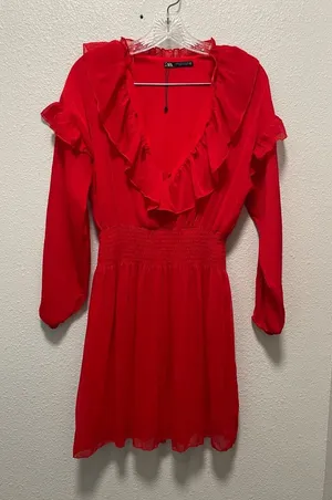 Zara Bright Red Ruffle V-Neck Long Sleeve Dress thumbnail 1