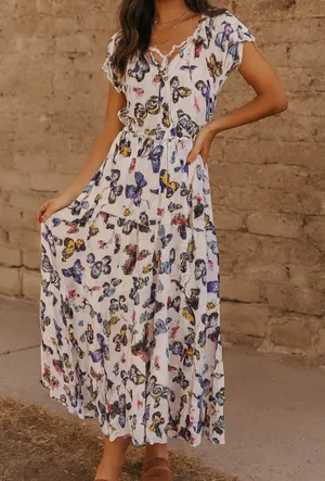 Old Navy Sz M Womens White Butterfly Print Tiered Maxi Dress Whimsical Feminine thumbnail 1