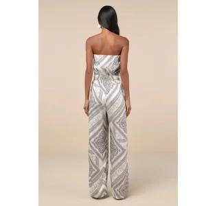 Lulu’s Western Direction Ivory Scarf Print Satin Strapless Jumpsuit size L thumbnail 2