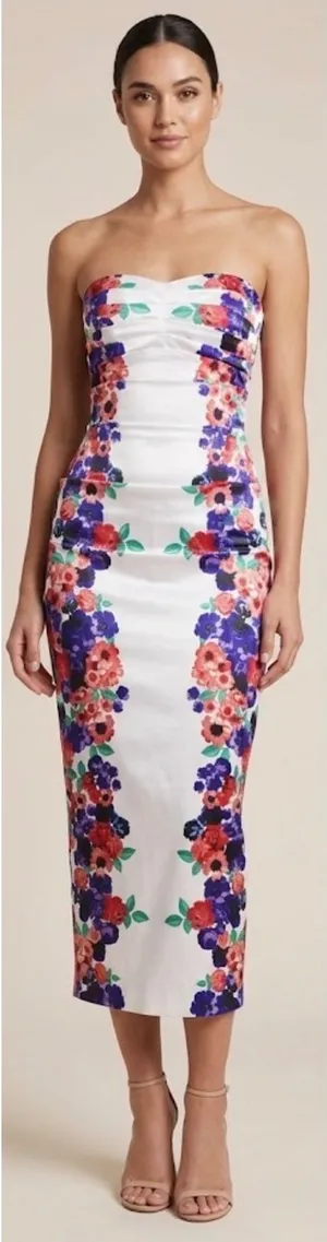 Lila Rose Floral Strapless Sweetheart Midi Dress Ivory Purple Coral Size Small thumbnail 1