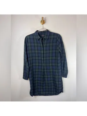 Madewell Navy and Green Plaid Flannel Mini Shirt Dress thumbnail 2