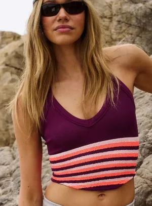 Free People Movement Women's All Clear V Neck Striped Cami Mulberry Size XL NWT thumbnail 1