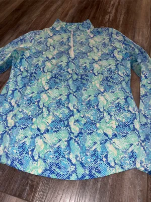 IBKUL Women's Mock Neck Zipper Long Sleeve Top in Cora Jade Blue Size Small thumbnail 4