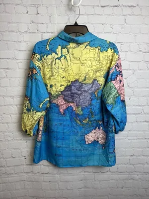C.O.Z.Y map printed bright pastel novelty button down unisex top New thumbnail 5