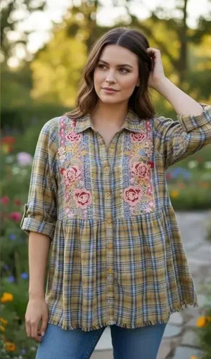 Plaid Embroidered Flannel Shirt Top thumbnail 1