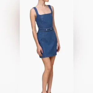 Avec Les Filles Denim Square-Neck Mini Dress in Blue thumbnail 5