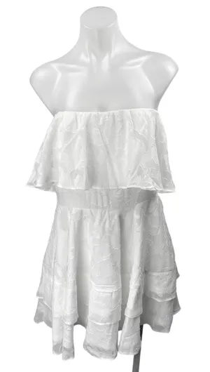 NEW Lulus White Strapless Tube Bandeau Flounce Tiered Ruffle A Line Mini Dress L thumbnail 1